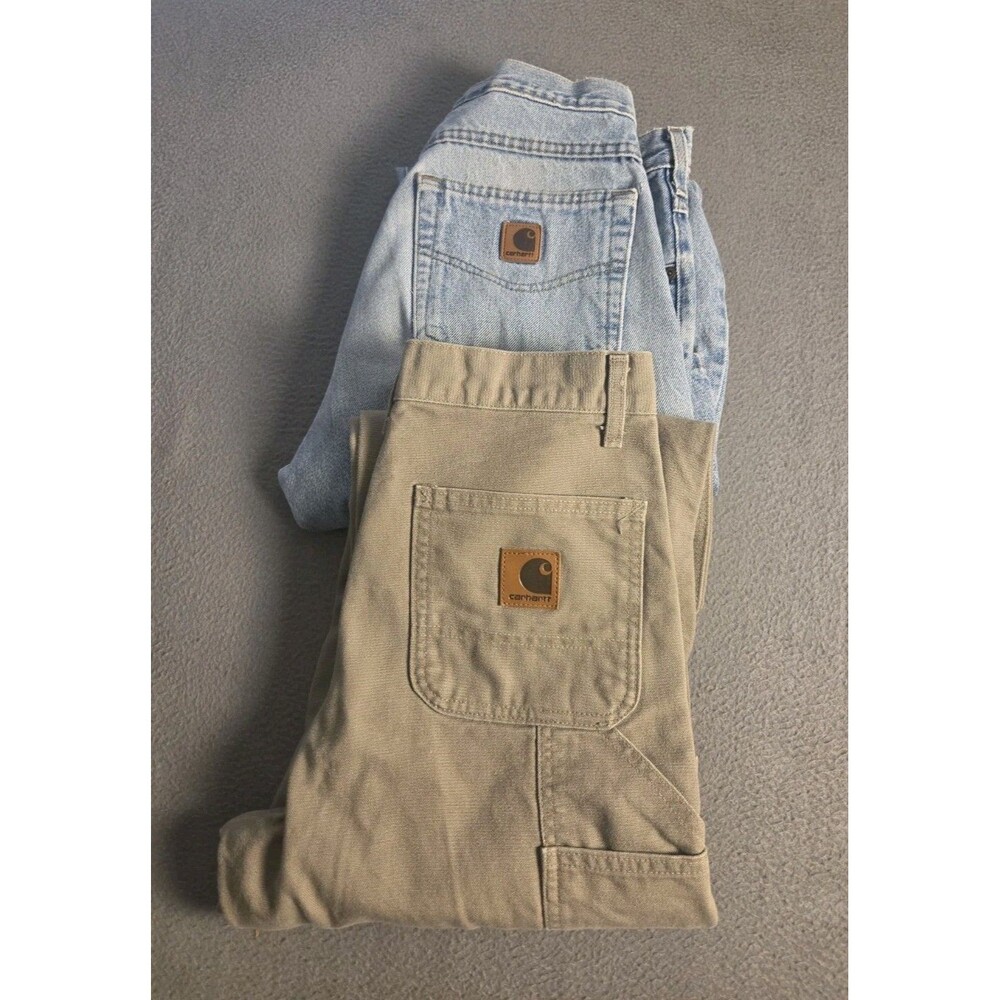 Lot 2 CarharttPants Carpenter Jeans Tan Canvas Light Blue Denim Mens 30x34 Vtg